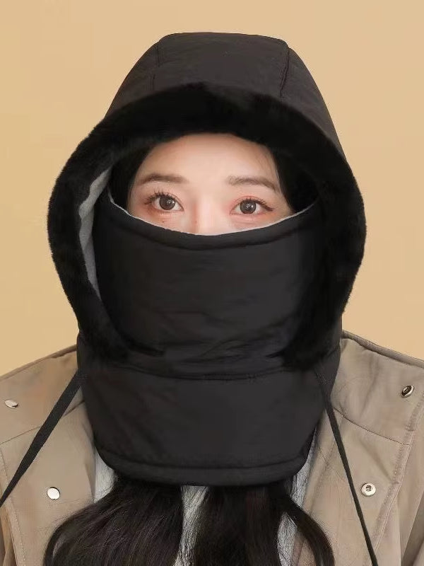 Womens Winter Cycling Mask Integrated Hat Scarf Set Fleece Lined Knitted Beanie Windproof Neck Gaiter for Cycling Skiing